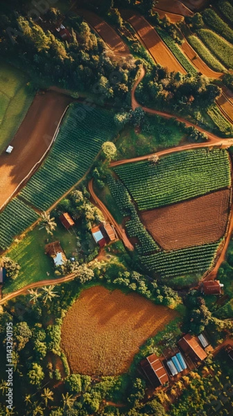 Fototapeta Aerial view of lush farmland with diverse crops and rustic buildings.