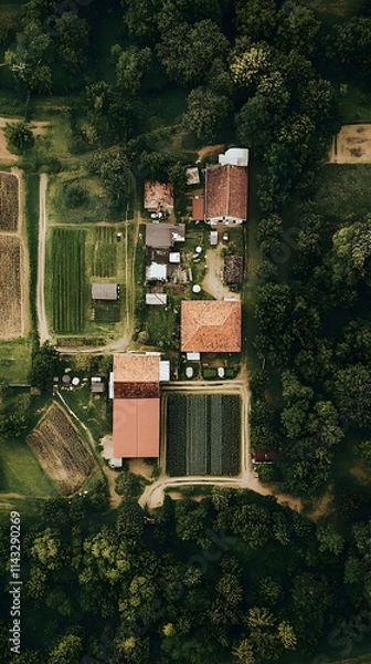 Fototapeta Aerial view of a rural farm with fields, buildings, and greenery.