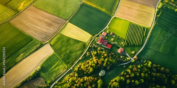 Fototapeta Aerial view of patchwork farmland with fields, trees, and a small cluster of buildings.