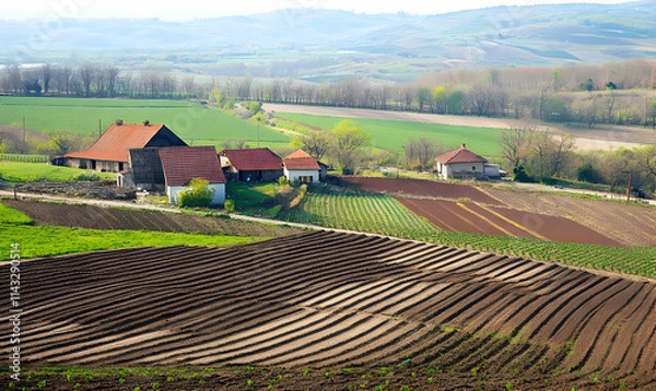 Fototapeta A scenic view of cultivated fields and rustic houses in a rural landscape.