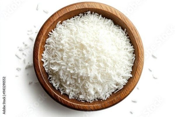 Fototapeta Shredded Coconut in Wooden Bowl for Culinary Use and Decoration