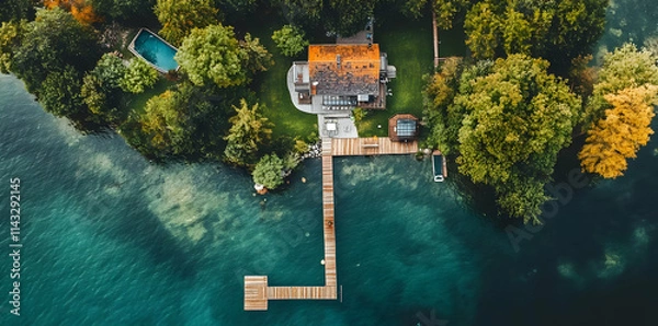Fototapeta Aerial view of a lakeside house with a dock surrounded by trees and a pool.