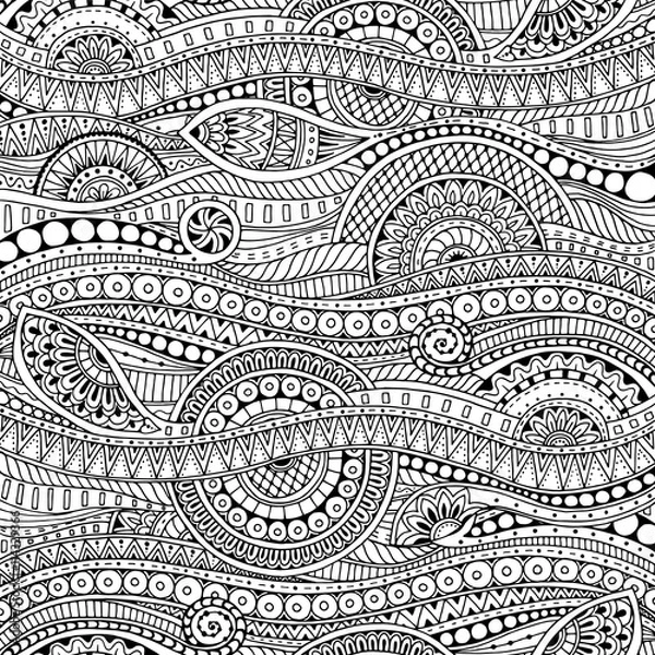 Fototapeta Ornamental ethnic black and white pattern. Floral background can be used for wallpaper, pattern fills, textile, fabric, wrapping, surface textures, coloring book for adults and kids.