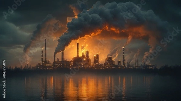 Fototapeta Industrial pollution at sunset reflected in water.