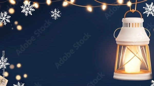 Obraz A cozy lantern illuminates a dark blue background adorned with snowflakes and festive lights, evoking a warm winter atmosphere.