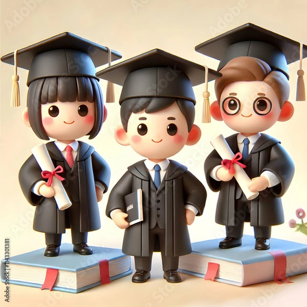 Fototapeta 3D Graduates posing with diplomas in soft abstract background copy space on left concept as Graduates posing proudly with their diplomas against a soft abstract background symbolizing academic achieve