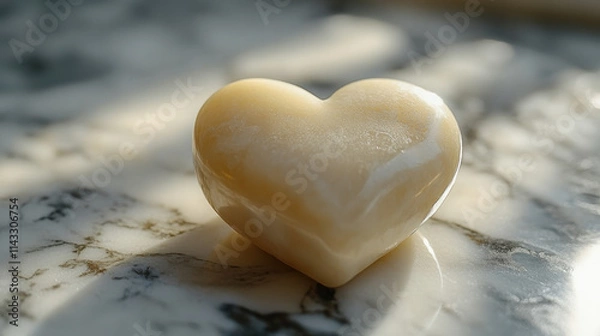 Fototapeta smooth, white heart shaped stone rests on marble surface, reflecting light beautifully. This serene image evokes feelings of love and tranquility