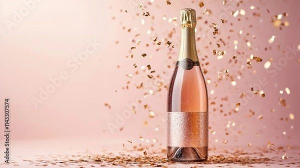 Fototapeta Mockup bottle of pink champagne stands on a light pink background and is surrounded by falling golden confetti. Copy space, flat lay