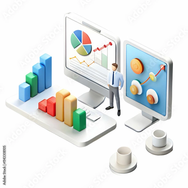 Fototapeta Business Professionals Analyzing Profit Loss Strategies on Software Screens with Ample Copy Space on Left