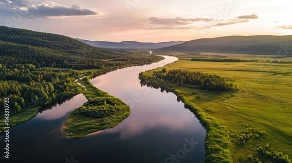 Fototapeta Aerial view of mountain river in summer