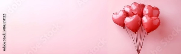 Fototapeta Heart shaped balloons on soft pink background for romantic greeting card or banner with copy space, perfect for birthdays, parties, weddings, Women's Day, Mother's Day, or Valentine's Day