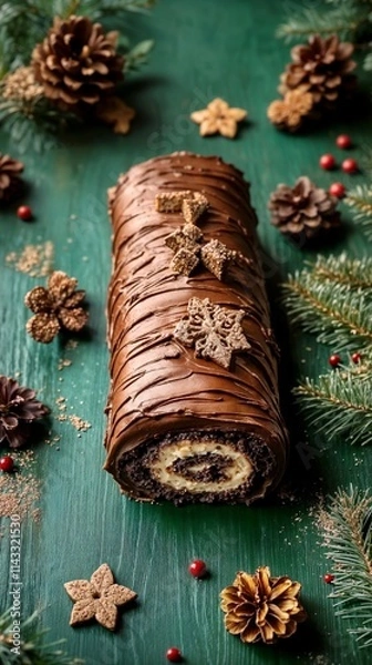 Fototapeta Chocolate Yule log with frosting on green wooden background traditional Christmas Swiss roll cake Buche de Noel, sponge cake with chocolate cream for New Year celebrations