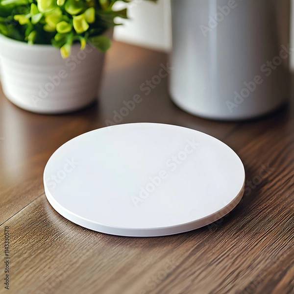 Fototapeta Blank white round coaster mockup on a table 