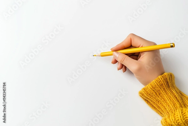 Fototapeta Close-up of hands writing with a yellow pencil on a white background, top view. Minimalist style.