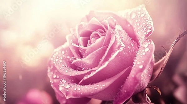 Obraz Beautiful pink rose with water droplets in soft sunlight glow