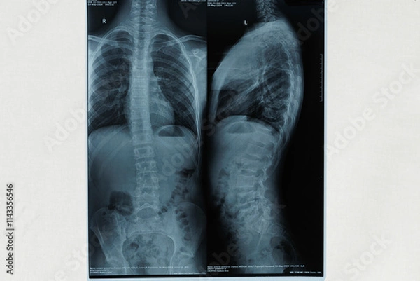 Fototapeta X-ray of whole spine AP and Lateral position in dark background. curvature of the spine in the thoracic region scoliosis.