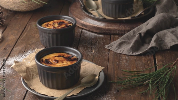 Fototapeta Three ramekins of creamy custard with a caramelized sugar crust, on a rustic wooden table with pine branches