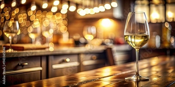 Obraz A Glass of Wine Rests on a Wooden Countertop with Warm Lighting and a Blurry Background
