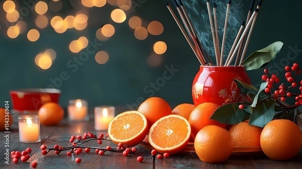 Fototapeta Relaxing Aromatic Experience Cozy Home Still Life Photography Warm Ambience Close-Up Citrus and Incense Harmony