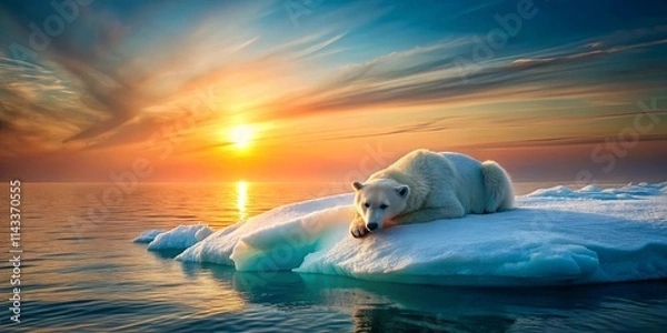 Fototapeta A Polar Bear Rests on a Drifting Ice Floe as the Sun Sets Over the Horizon, Casting a Warm Glow Across the Icy Waters