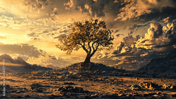 Fototapeta A solitary tree stands resilient in the vast desert, framed by a dramatic sky filled with swirling clouds and vibrant hues, capturing the stark beauty and isolation of this arid landscape.

