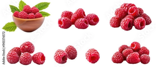 Fototapeta a collection of six of ripe raspberries in various arrangements against a transparent background some of the raspberries are in a wooden bowl with green leaves