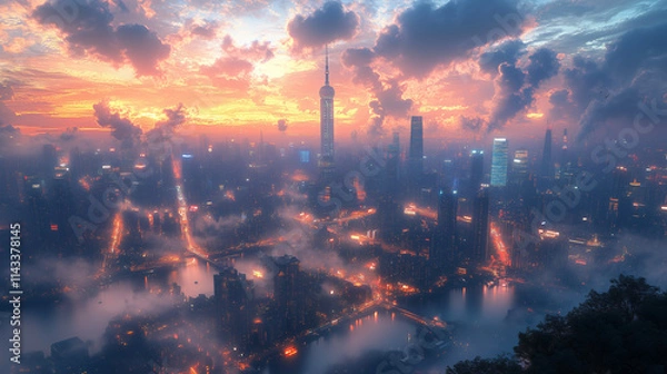 Fototapeta City night scene, before and after the high-rise forest, the lights on the top of the high-rise twinkling.