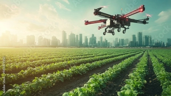 Fototapeta Drone Spraying Crops in a Cityscape Setting