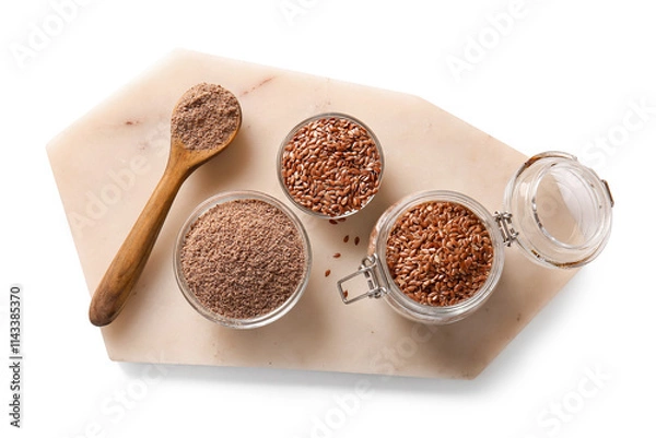 Fototapeta Jar with flax seeds and glass bowl of flour on white background