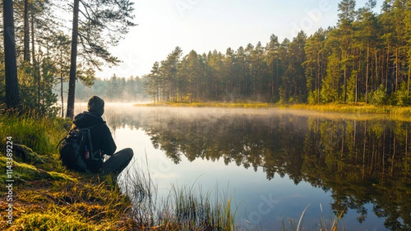 Fototapeta A tranquil forest lake surrounded by tall trees and lush greenery, enveloped in a misty morning atmosphere, perfect for meditation or nature-themed reflections and peaceful moments.