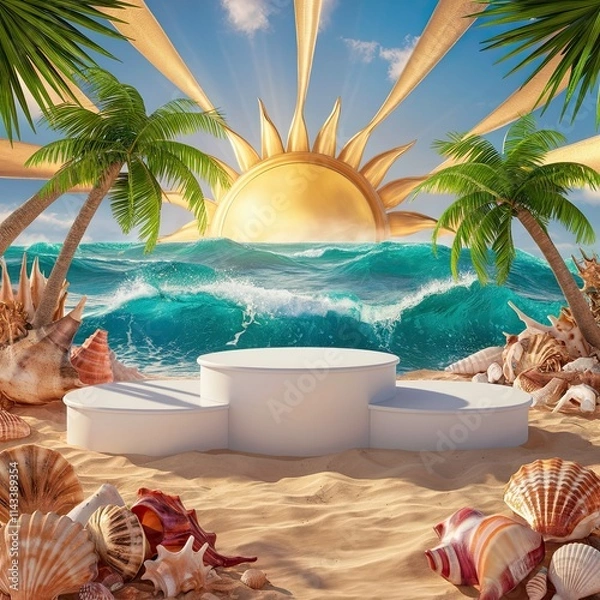 Obraz Sunny beach podium backdrop with seashells, sun rays, and turquoise sea waves