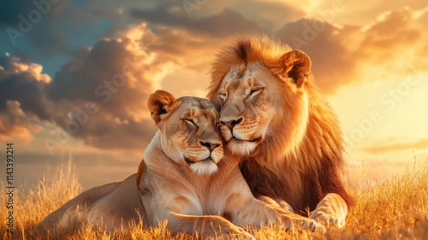 Fototapeta Lions resting together on savanna at sunset, showcasing their bond and tranquility. warm colors of sky enhance serene atmosphere of this beautiful moment