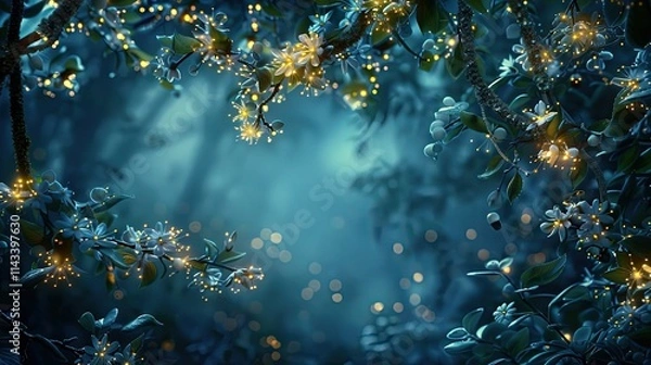 Fototapeta Mystical twilight forest scene with glowing flowers and bokeh lights.