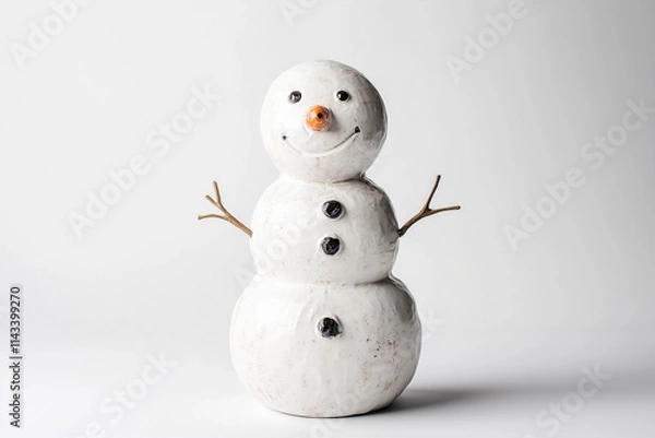 Fototapeta Selective focus snowman with snowball, twig and carrot isolated on white background, Portrait of white snow man on white.