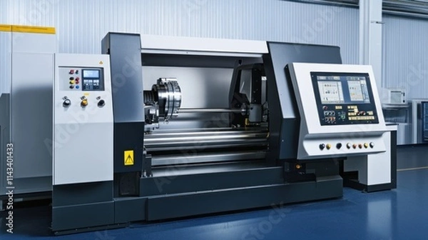 Fototapeta A CNC machine in action, operating on a metal workpiece, with the control panel visible, showcasing the precision and technology used for modern manufacturing.