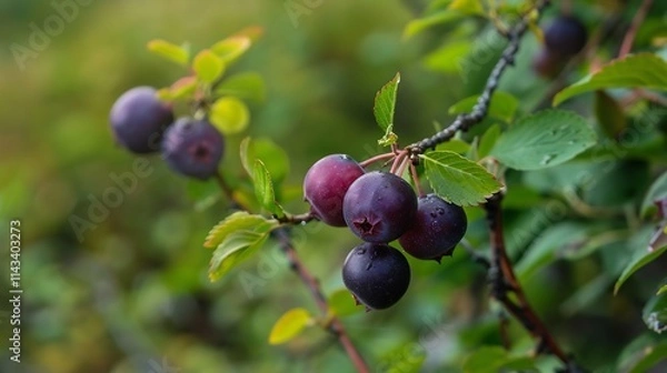 Fototapeta Ripe Saskatoon Berries on a Branch: A Close-Up of Nature's Bounty