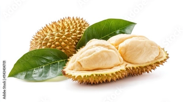 Fototapeta A detailed close-up shot of a split durian, with its creamy flesh visible inside and fresh green leaves framing the fruit, isolated on a white background.