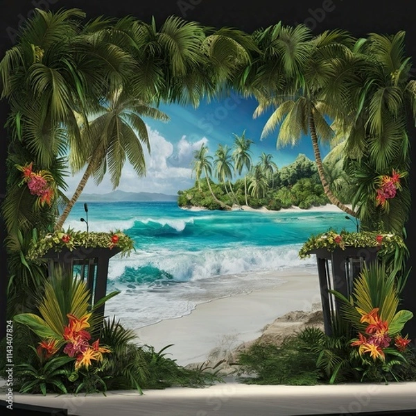 Obraz Island getaway podium backdrop with lush greenery, beach waves, and tropical flowers