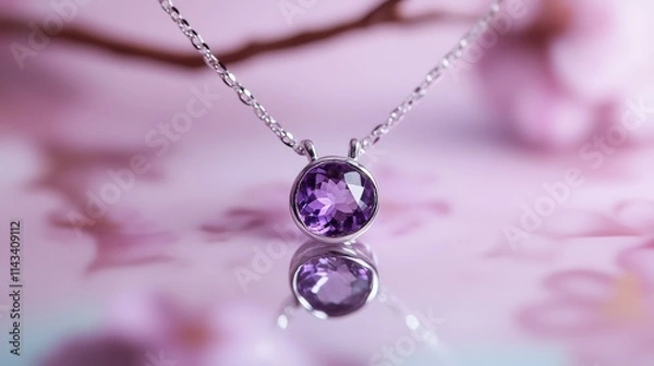 Obraz A delicate silver necklace featuring a round amethyst pendant, resting on a softly blurred floral background.