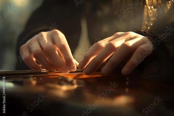 Fototapeta Close-up of hands playing a musical instrument with soft lighting.