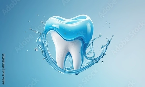 Fototapeta Tooth in Water Splash: A 3D rendering of a sparkling white tooth submerged in a refreshing blue water splash, symbolizing dental hygiene and oral care.  