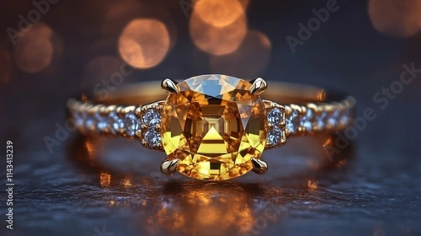 Obraz A stunning yellow gemstone ring elegantly crafted with sparkling diamonds, set against a blurred bokeh background, highlighting its brilliance.