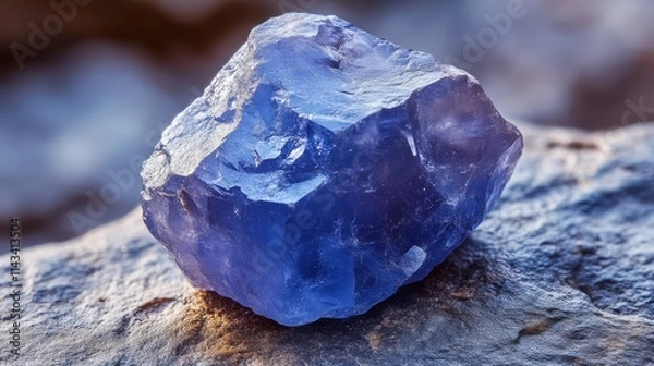 Obraz A close-up of a raw blue mineral, showcasing its crystalline structure and vibrant color against a textured background.