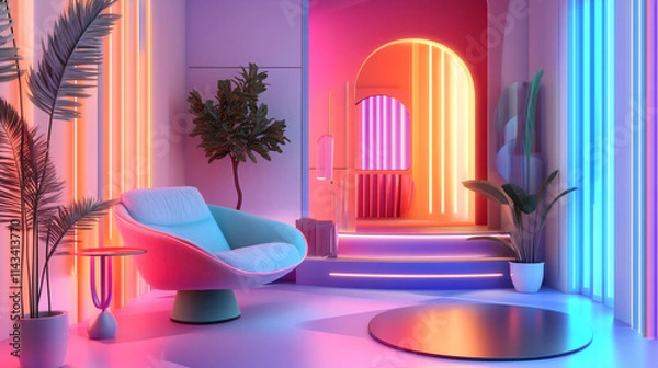 Fototapeta colorful 3d design of architectural style home accessories, A digital art image of a futuristic room interior design, Interior design of modern living room interior 3d design with chair and sofa.