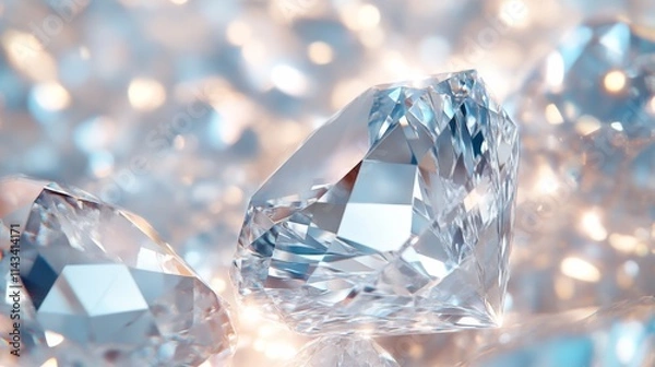 Obraz A stunning close-up of sparkling diamonds reflecting light, showcasing their brilliance and clarity against a soft, blurred background.
