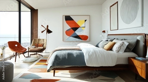 Fototapeta A modern bedroom with clean lines, bold accent furniture, a large bed with plush linens, and geometric wall art, all set in a bright, open space.