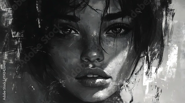 Fototapeta Monochromatic portrait of a woman's face, painted in a textured style with dramatic lighting.