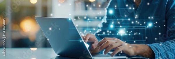 Obraz A person using a laptop, surrounded by digital effects that suggest connectivity and technology.