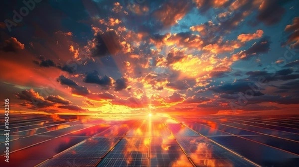 Fototapeta A wide field of solar panels illuminated by a beautiful sunset, AI generated image