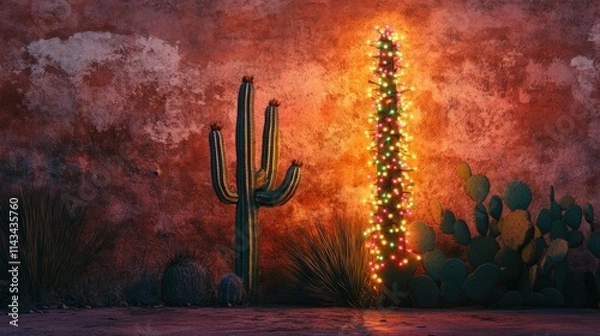 Fototapeta a saguaro cactus with Christmas lights in front of an adobe wall at sunset